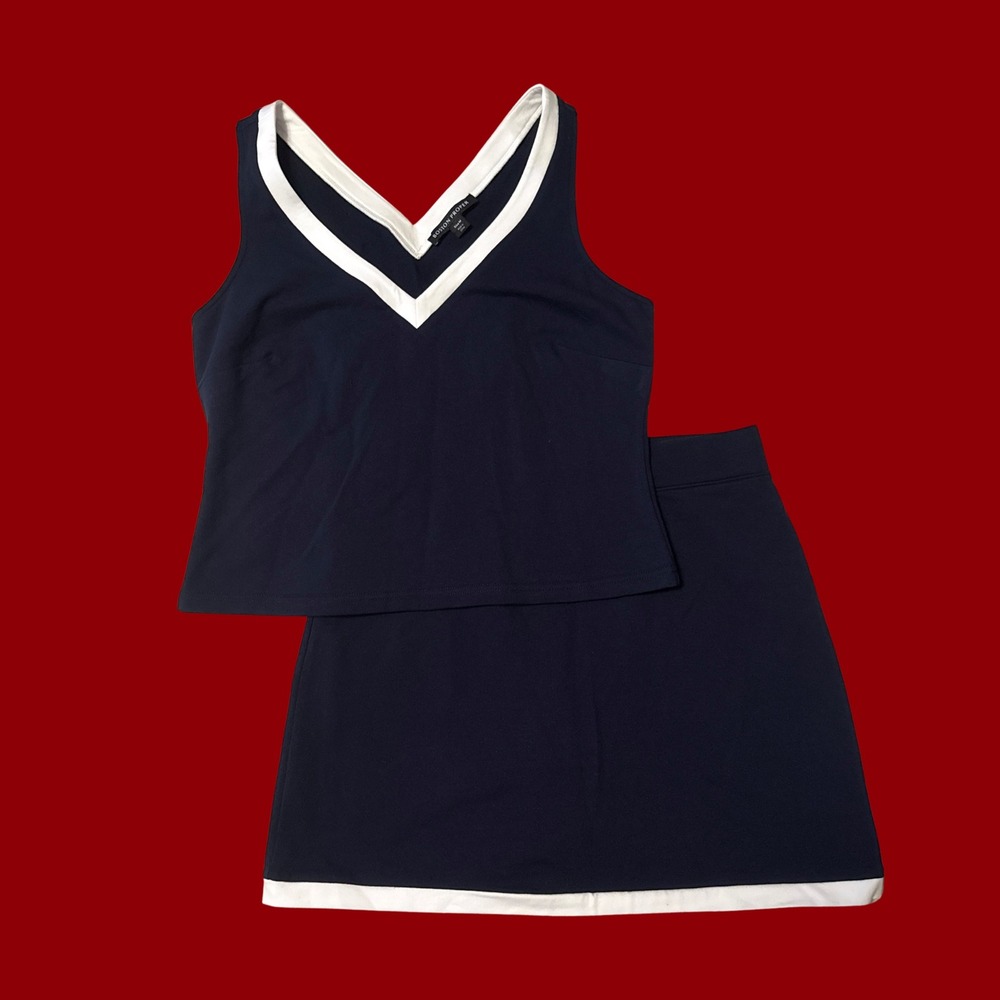 Boston Proper Navy Blue White Contrast Trim V-Neck Top Skirt Skort Set Size M